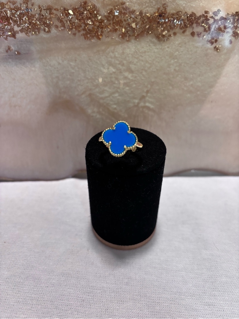 Blue Clover Motif Gold-Trim Ring Adjustible